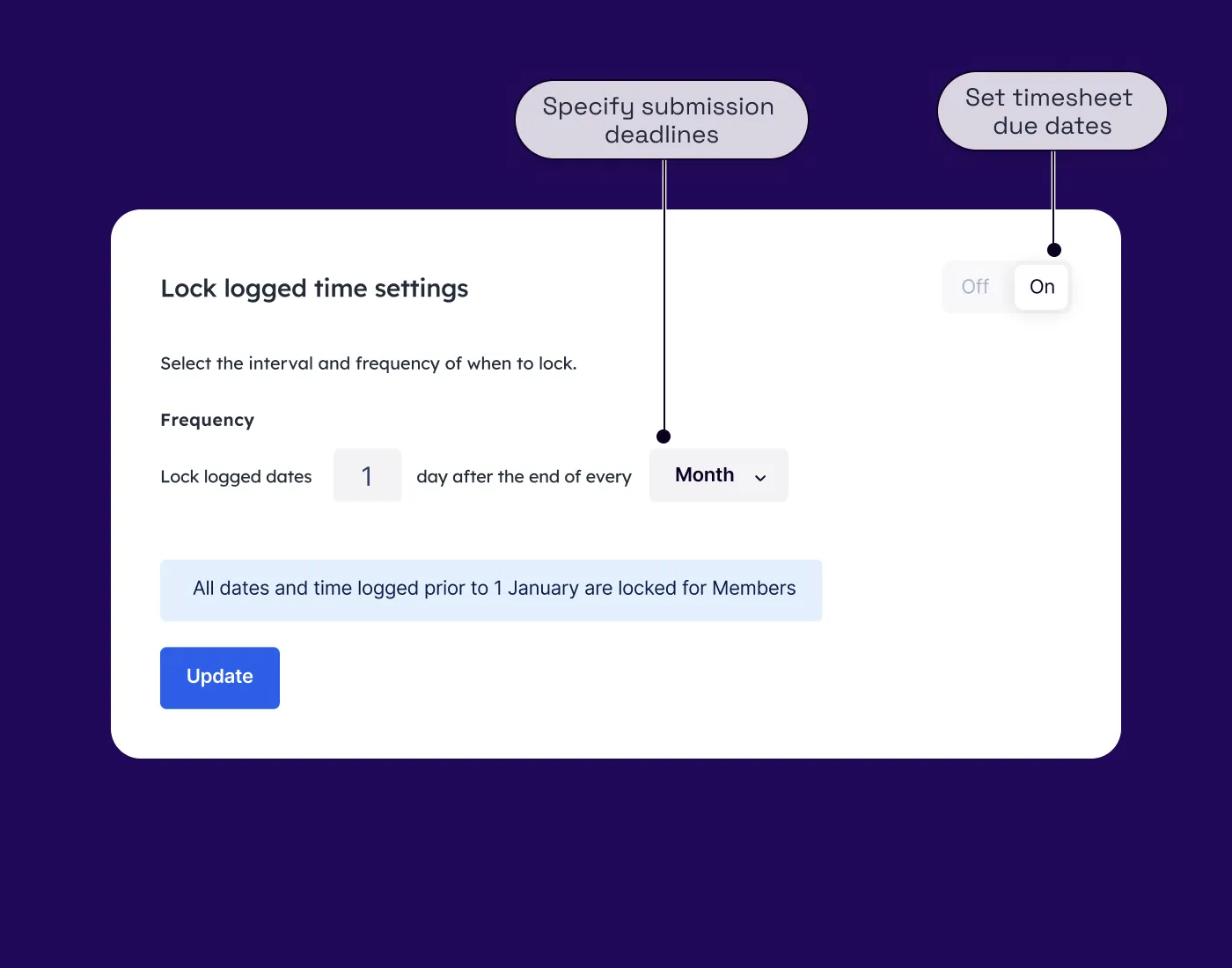 A modal that shows you that you can lock your timesheets after a week.